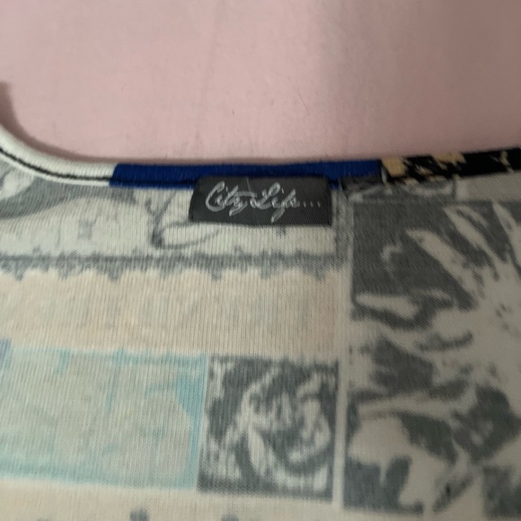 Y2K Euro Inspired Graphic Print Women's Blouse - Blue and Tan - Picture 3 of 5